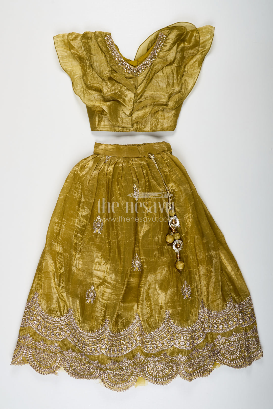 Girls Indian Traditional Wear in Olive Green Organza with Zari Embroidered Lehenga and Ruffle Top