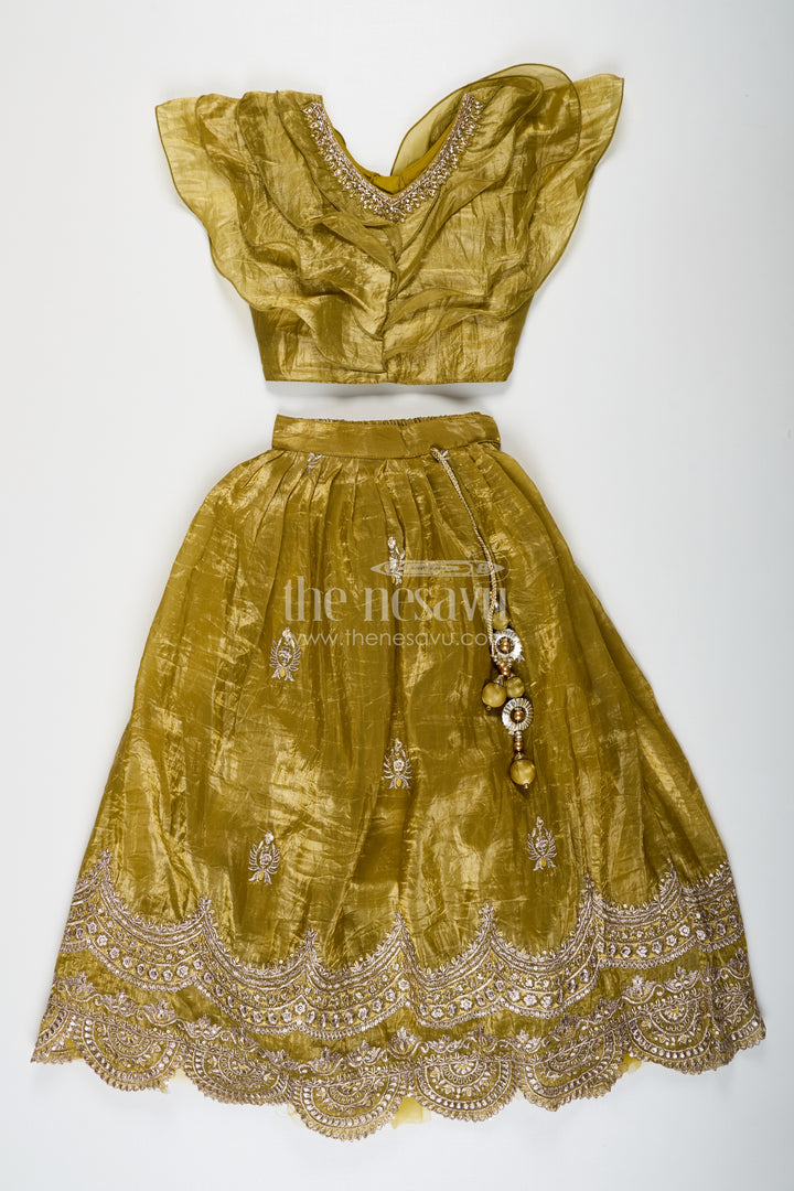 Girls Indian Traditional Wear in Olive Green Organza with Zari Embroidered Lehenga and Ruffle Top