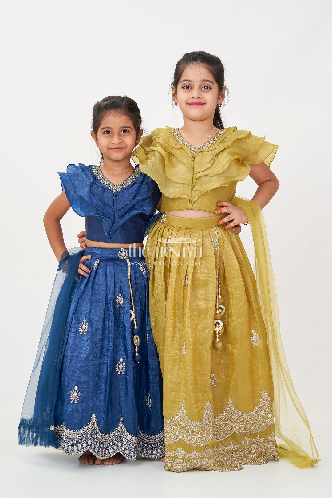 Girls Indian Traditional Wear in Olive Green Organza with Zari Embroidered Lehenga and Ruffle Top