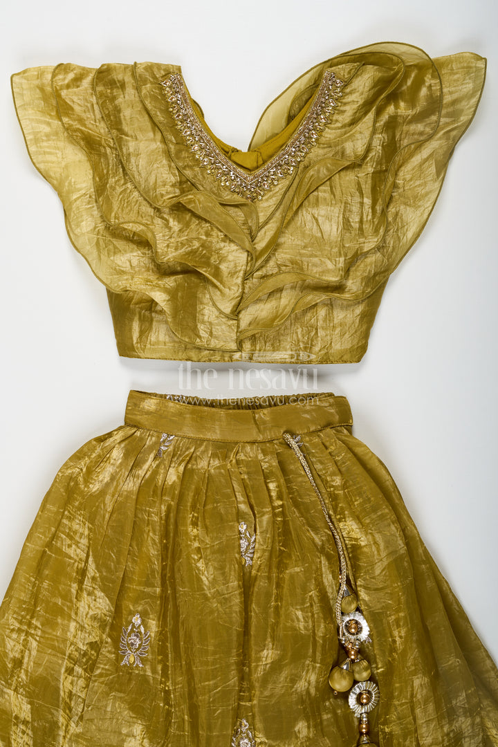 Girls Indian Traditional Wear in Olive Green Organza with Zari Embroidered Lehenga and Ruffle Top