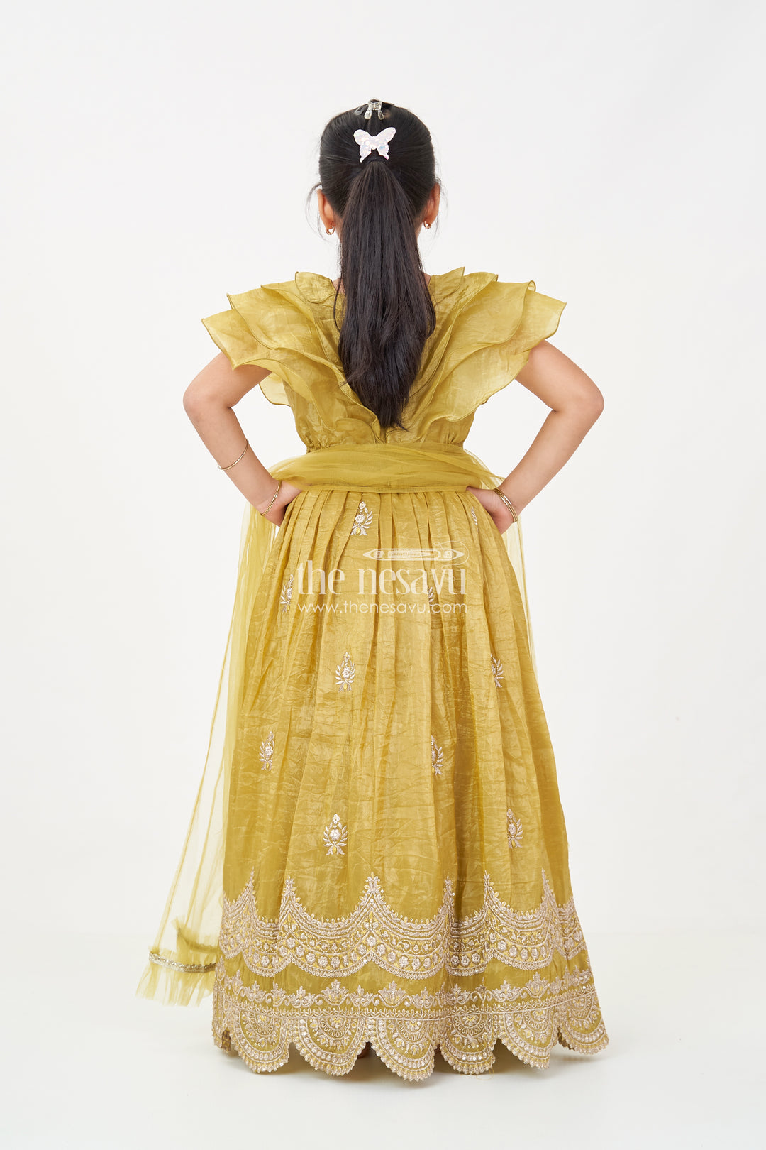 Girls Indian Traditional Wear in Olive Green Organza with Zari Embroidered Lehenga and Ruffle Top