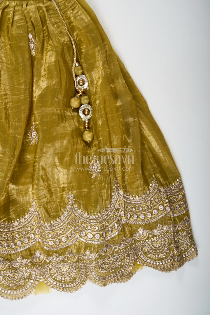 Girls Indian Traditional Wear in Olive Green Organza with Zari Embroidered Lehenga and Ruffle Top