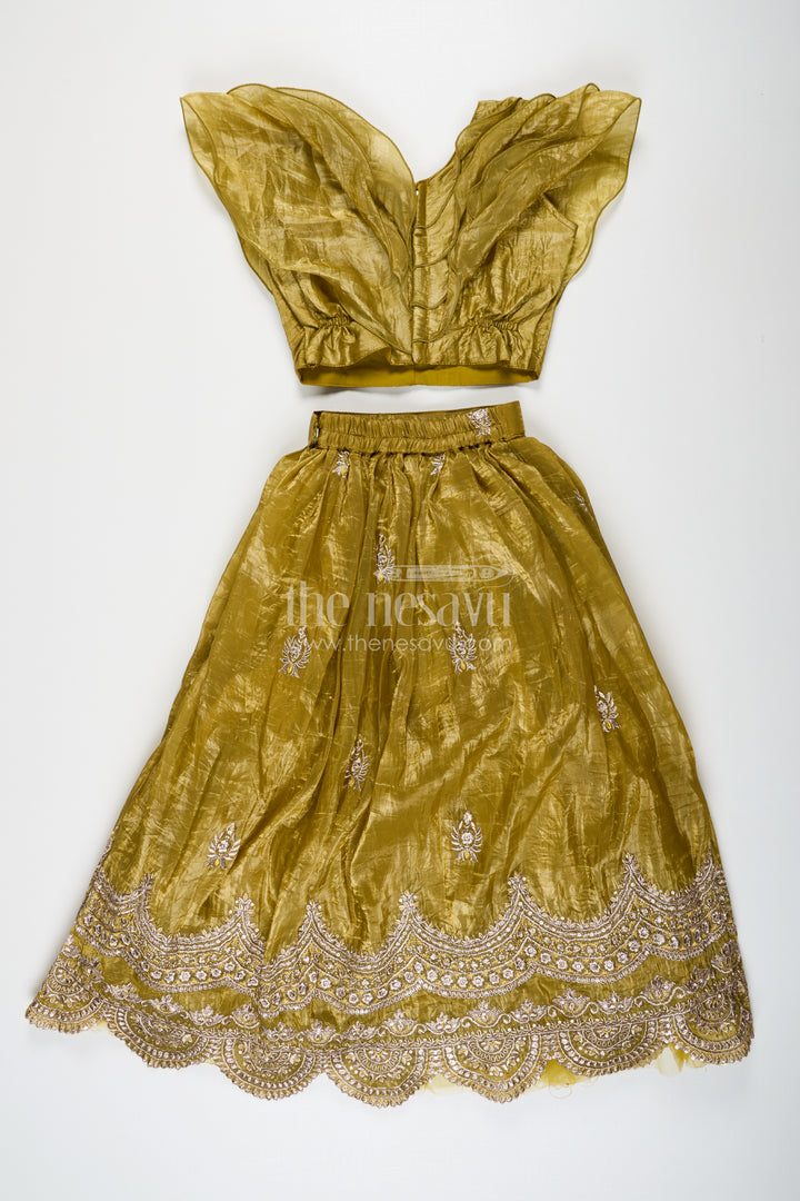 Girls Indian Traditional Wear in Olive Green Organza with Zari Embroidered Lehenga and Ruffle Top
