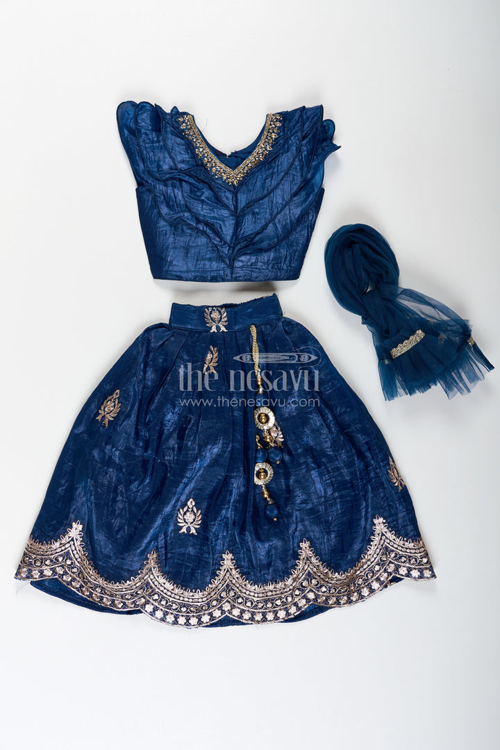 Girls Party Dress in Navy Blue Organza Lehenga Choli with Elegant Zari Work and Flared Silhouette