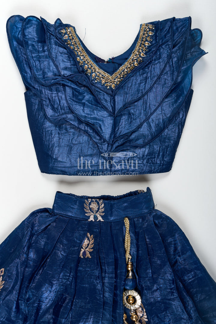 Girls Party Dress in Navy Blue Organza Lehenga Choli with Elegant Zari Work and Flared Silhouette