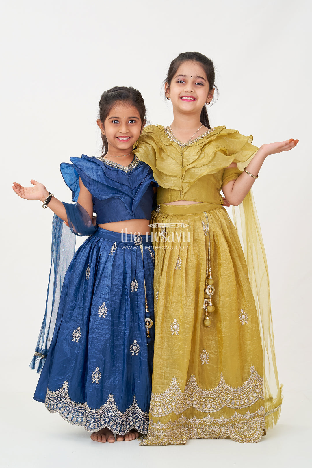 Girls Party Dress in Navy Blue Organza Lehenga Choli with Elegant Zari Work and Flared Silhouette
