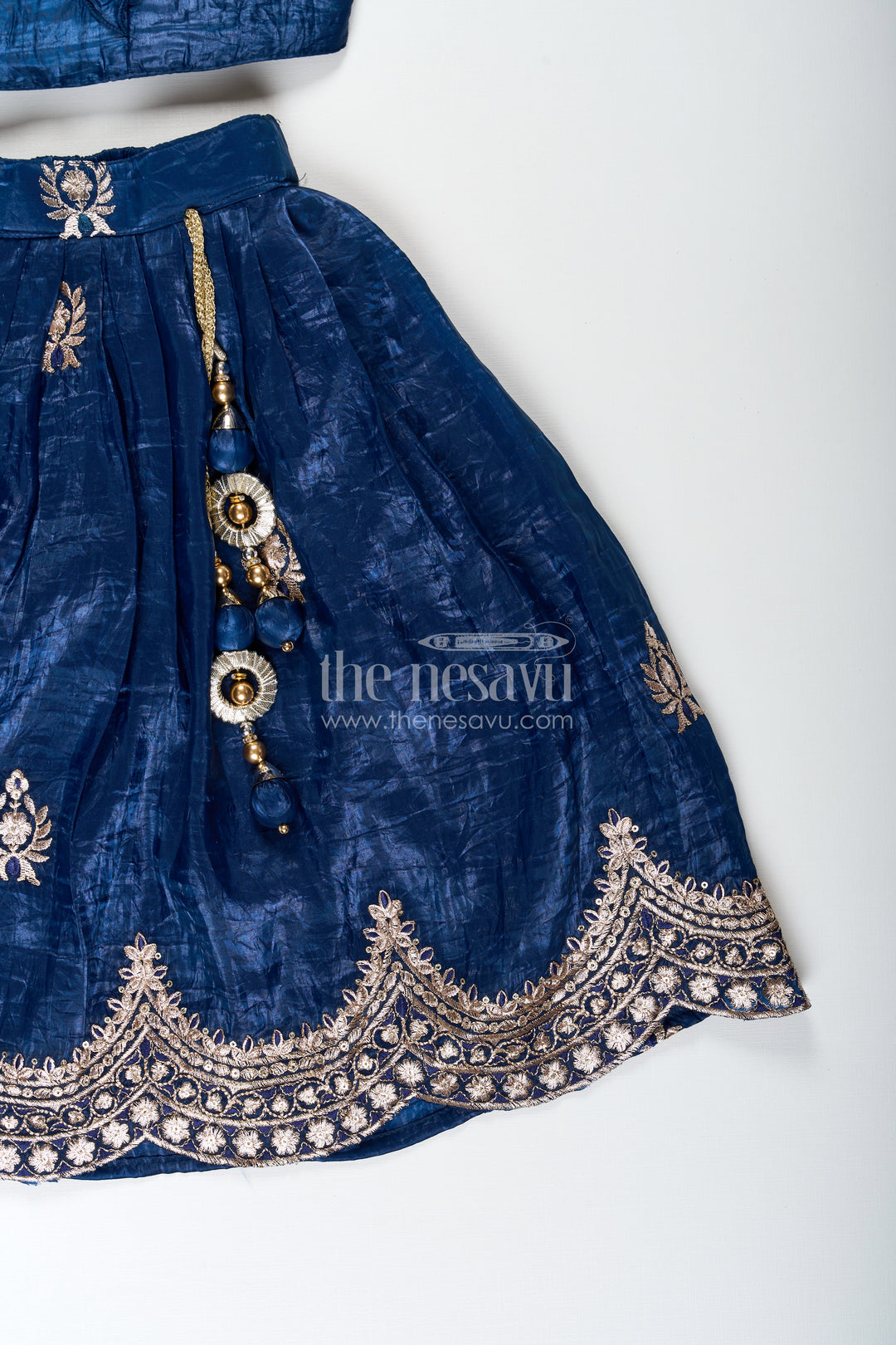 Girls Party Dress in Navy Blue Organza Lehenga Choli with Elegant Zari Work and Flared Silhouette
