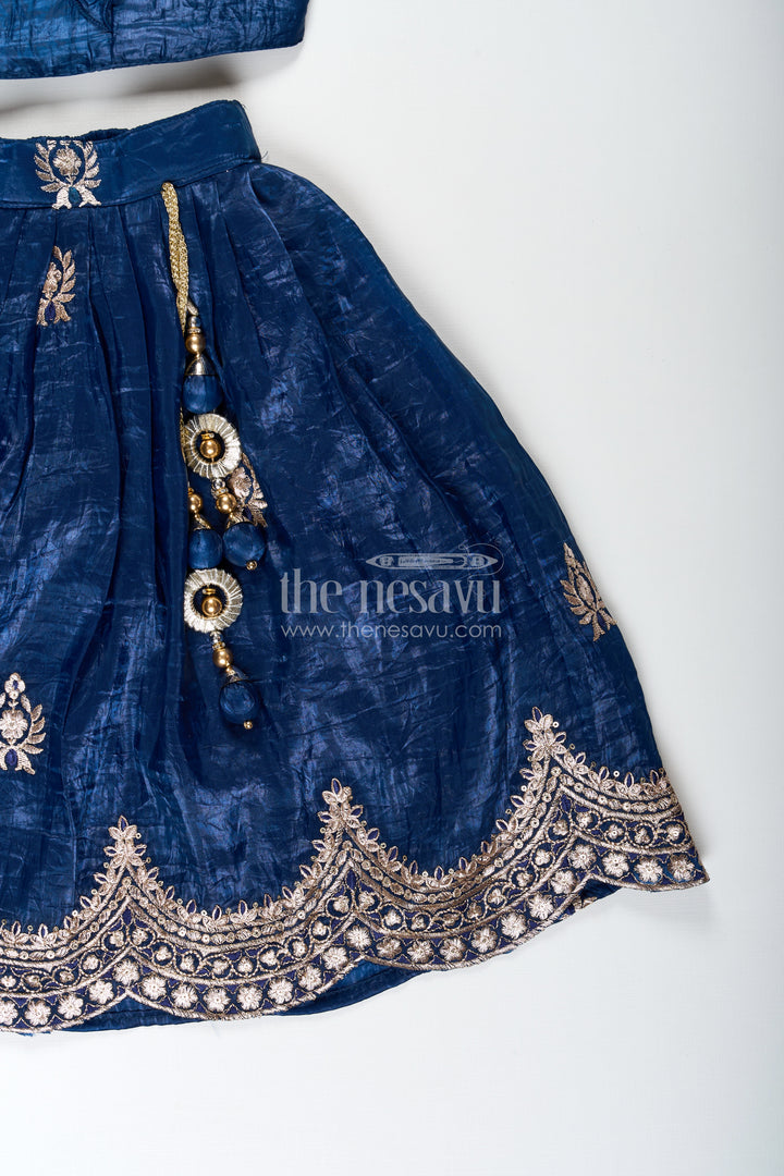 Girls Party Dress in Navy Blue Organza Lehenga Choli with Elegant Zari Work and Flared Silhouette