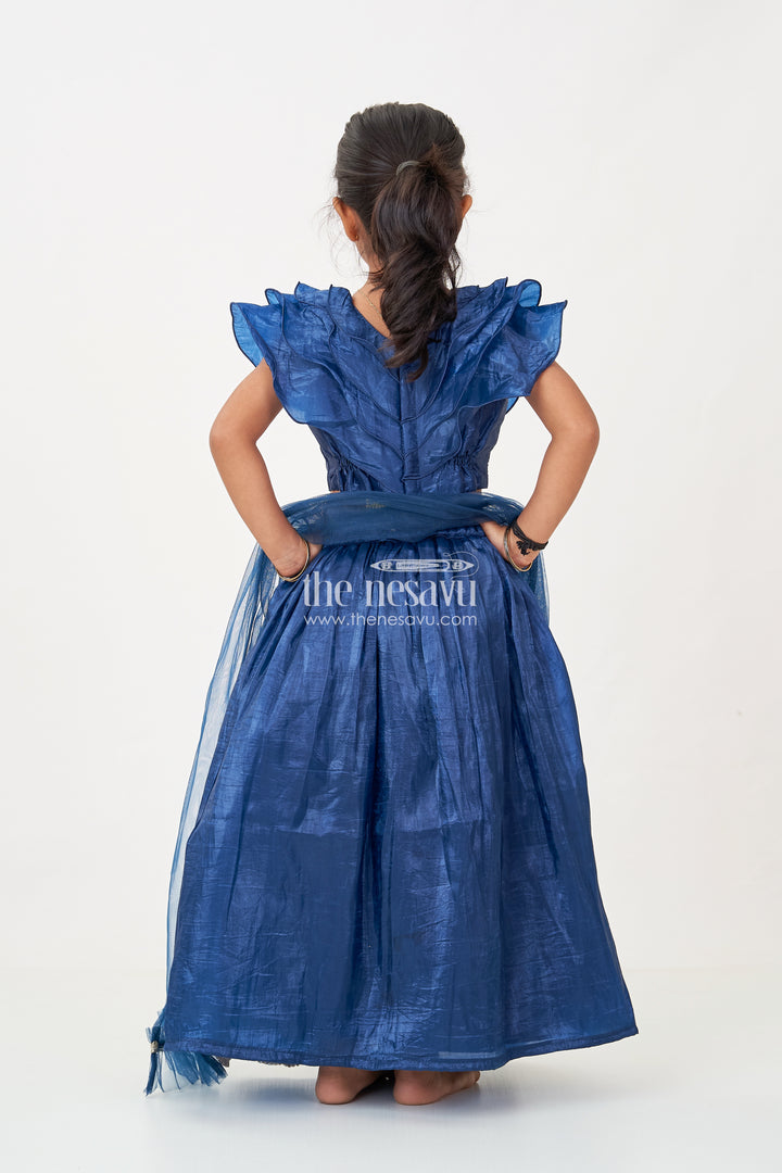 Girls Party Dress in Navy Blue Organza Lehenga Choli with Elegant Zari Work and Flared Silhouette