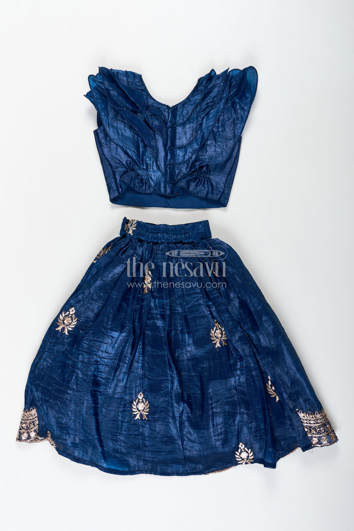 Girls Party Dress in Navy Blue Organza Lehenga Choli with Elegant Zari Work and Flared Silhouette