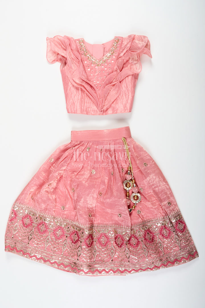 Girls Designer Dress for Girl in Coral Pink Organza with Sequin Embroidered Lehenga and Ruffle Blouse