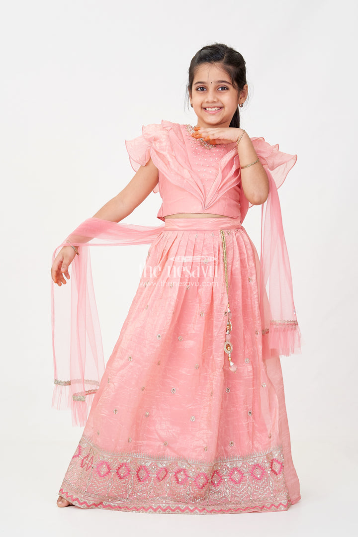 Girls Designer Dress for Girl in Coral Pink Organza with Sequin Embroidered Lehenga and Ruffle Blouse