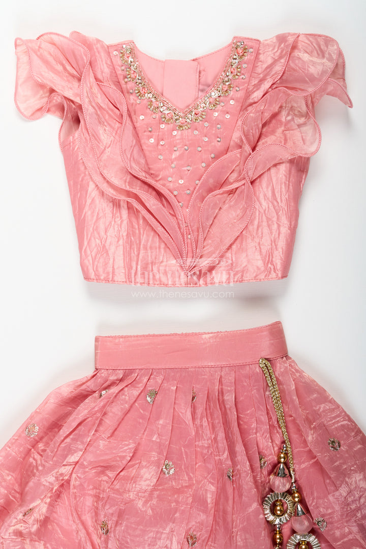 Girls Designer Dress for Girl in Coral Pink Organza with Sequin Embroidered Lehenga and Ruffle Blouse
