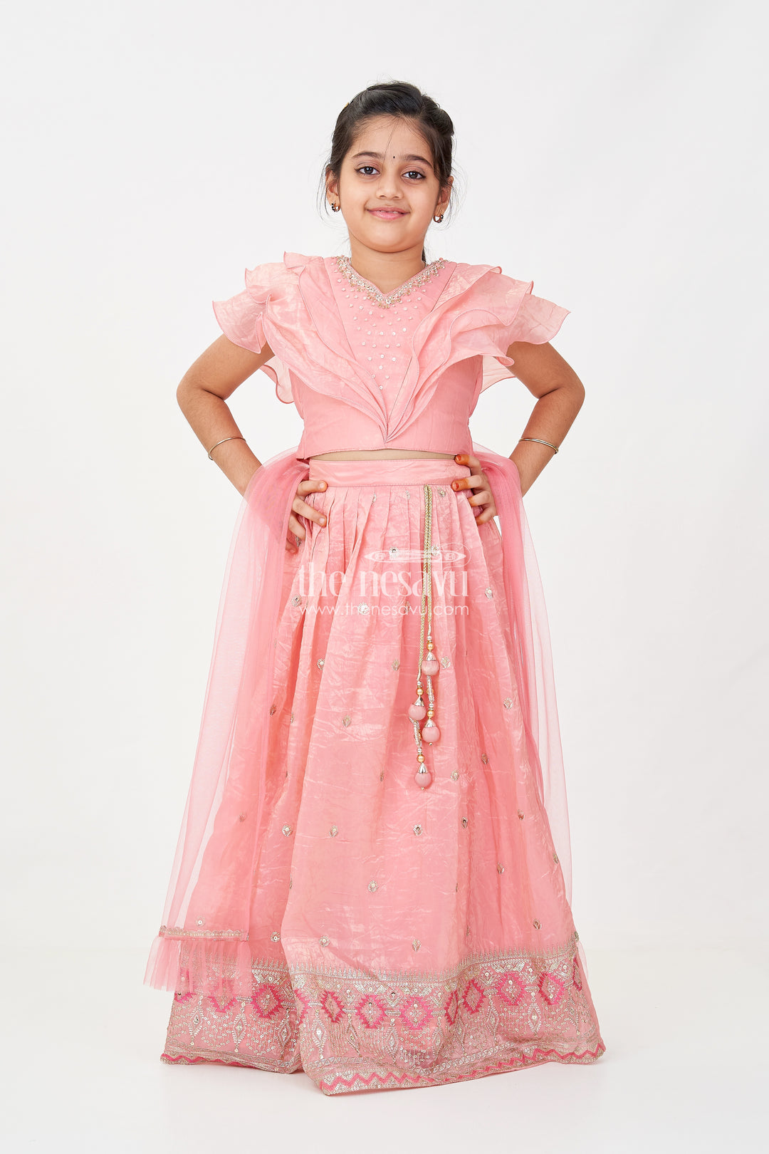 Girls Designer Dress for Girl in Coral Pink Organza with Sequin Embroidered Lehenga and Ruffle Blouse