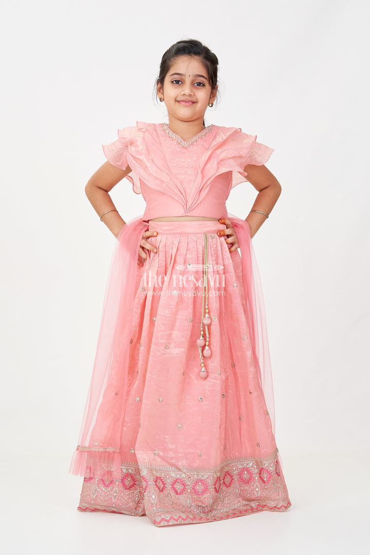 Girls Designer Dress for Girl in Coral Pink Organza with Sequin Embroidered Lehenga and Ruffle Blouse