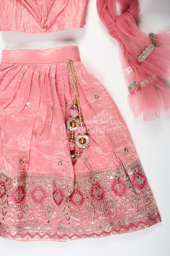 Girls Designer Dress for Girl in Coral Pink Organza with Sequin Embroidered Lehenga and Ruffle Blouse