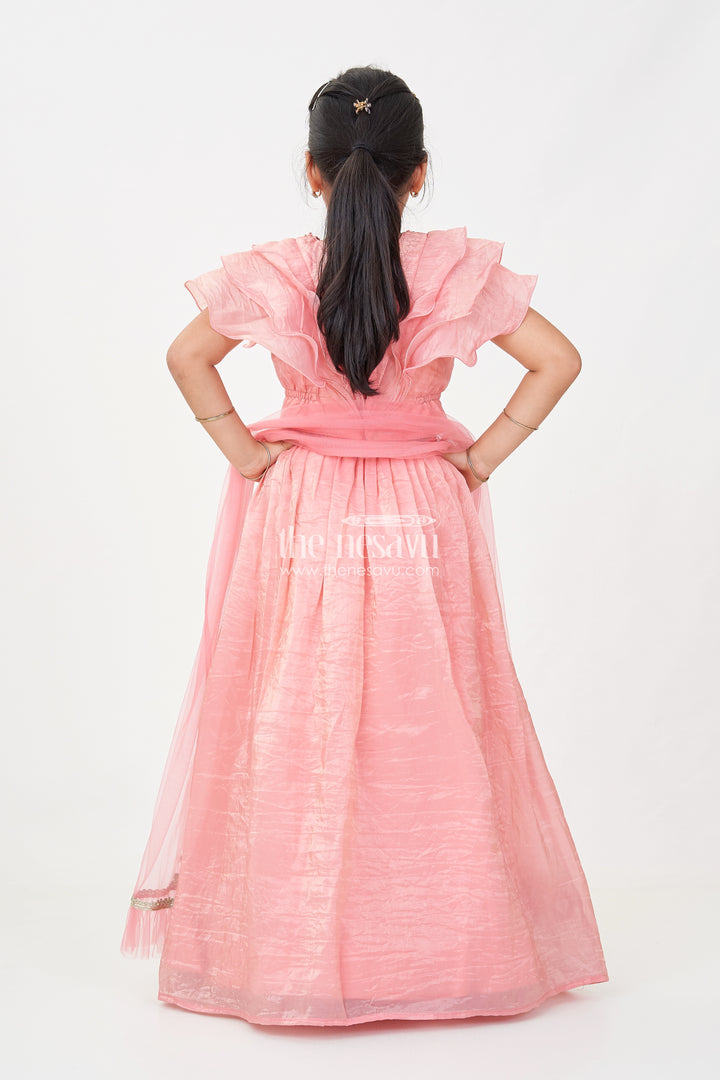 Girls Designer Dress for Girl in Coral Pink Organza with Sequin Embroidered Lehenga and Ruffle Blouse