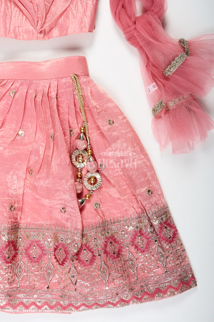 Girls Designer Dress for Girl in Coral Pink Organza with Sequin Embroidered Lehenga and Ruffle Blouse