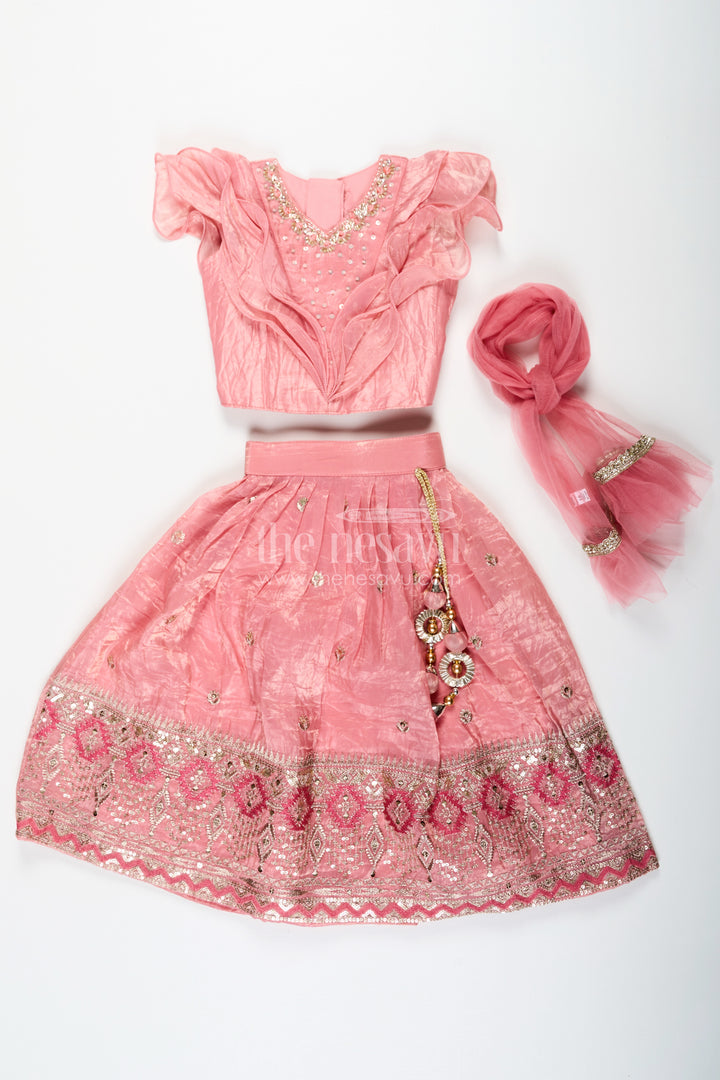 Girls Designer Dress for Girl in Coral Pink Organza with Sequin Embroidered Lehenga and Ruffle Blouse