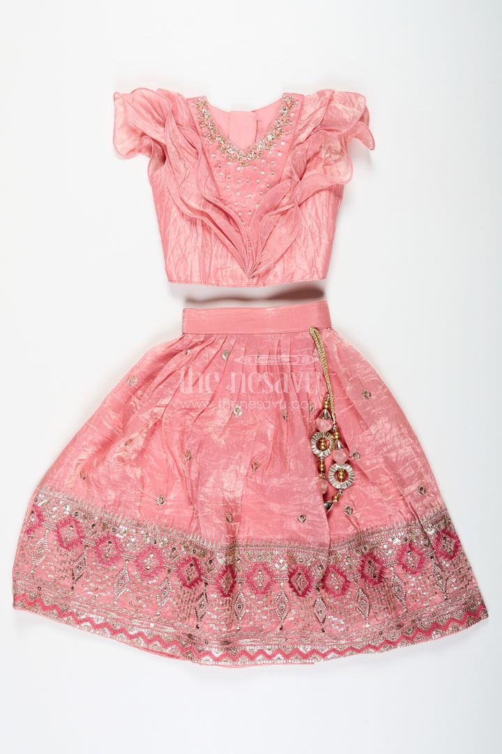 Girls Designer Dress for Girl in Coral Pink Organza with Sequin Embroidered Lehenga and Ruffle Blouse