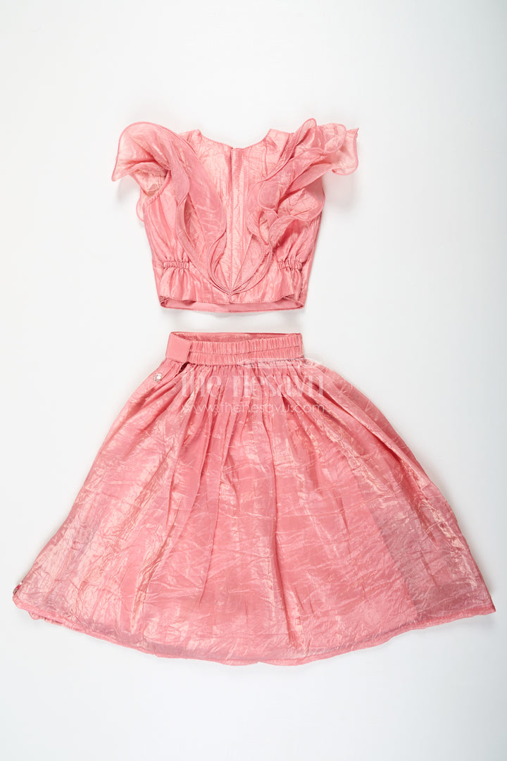 Girls Designer Dress for Girl in Coral Pink Organza with Sequin Embroidered Lehenga and Ruffle Blouse