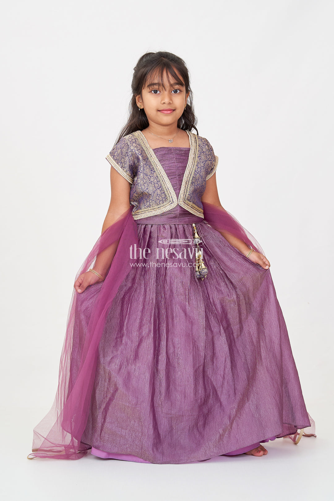 Girls Contemporary Lehenga in Crush Tissue with Embellished Banarasi Kora Yoke and Tassel Accents
