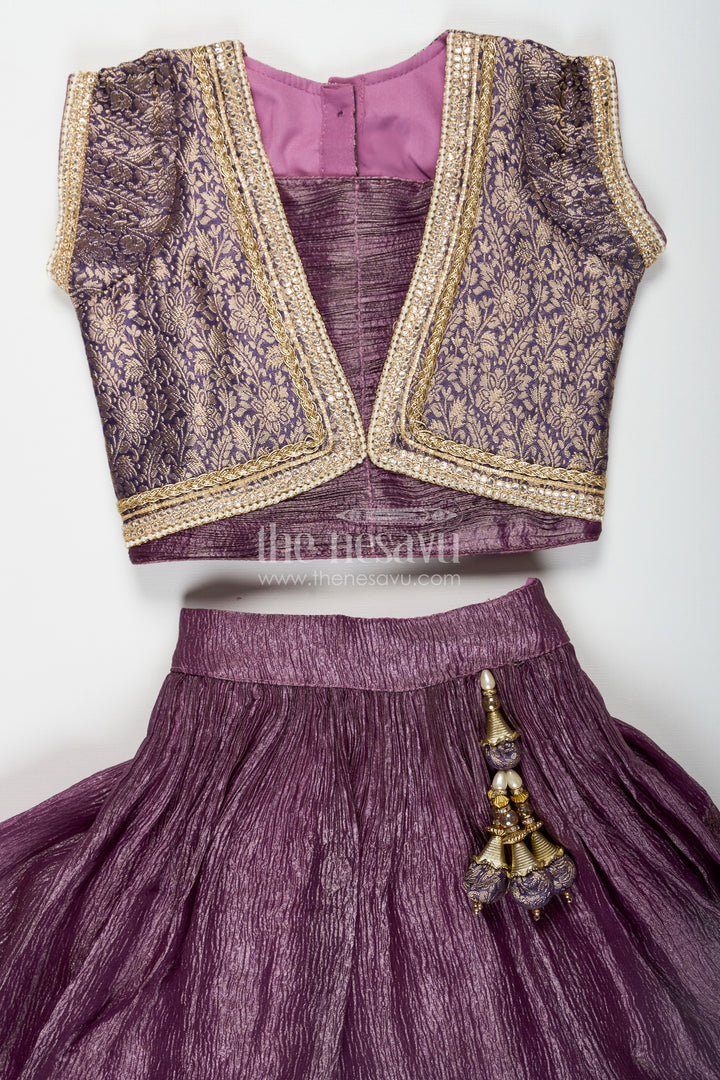 Girls Contemporary Lehenga in Crush Tissue with Embellished Banarasi Kora Yoke and Tassel Accents