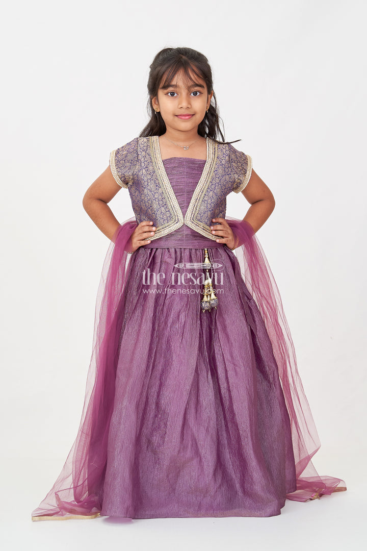 Girls Contemporary Lehenga in Crush Tissue with Embellished Banarasi Kora Yoke and Tassel Accents
