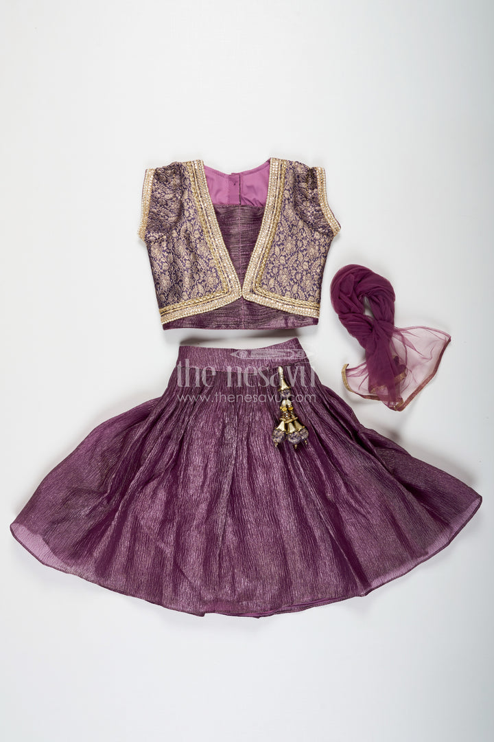 Girls Contemporary Lehenga in Crush Tissue with Embellished Banarasi Kora Yoke and Tassel Accents