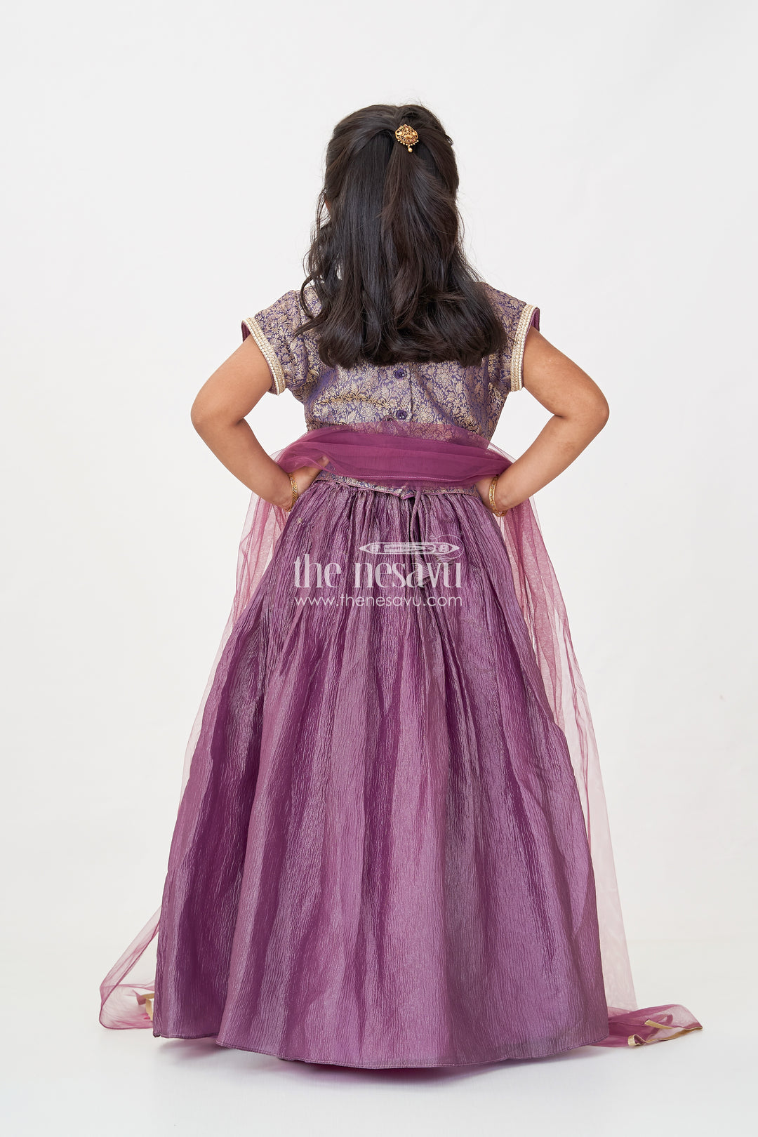 Girls Contemporary Lehenga in Crush Tissue with Embellished Banarasi Kora Yoke and Tassel Accents