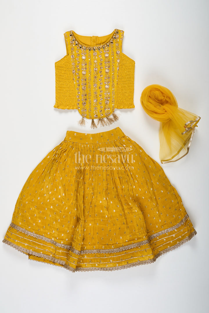 Girls Silk Lehenga Dress in Golden Yellow with Designer Embroidery and Dupatta
