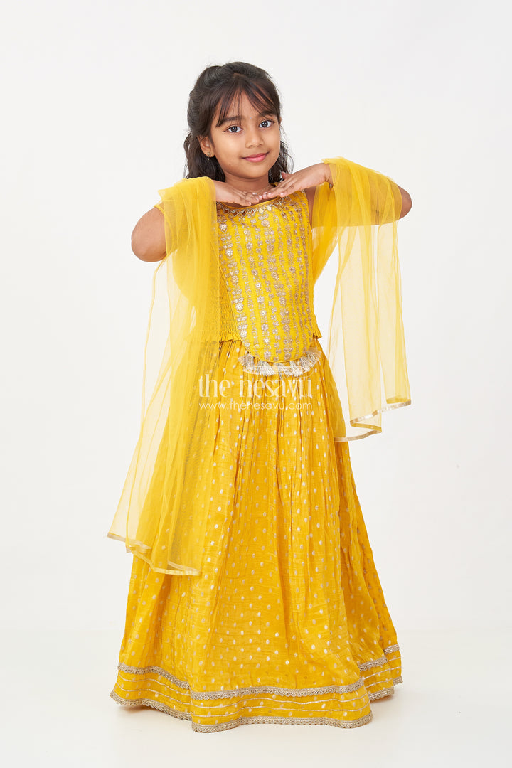Girls Silk Lehenga Dress in Golden Yellow with Designer Embroidery and Dupatta