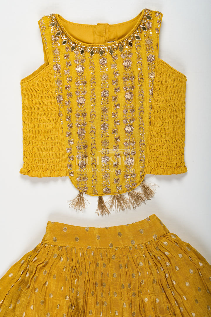 Girls Silk Lehenga Dress in Golden Yellow with Designer Embroidery and Dupatta
