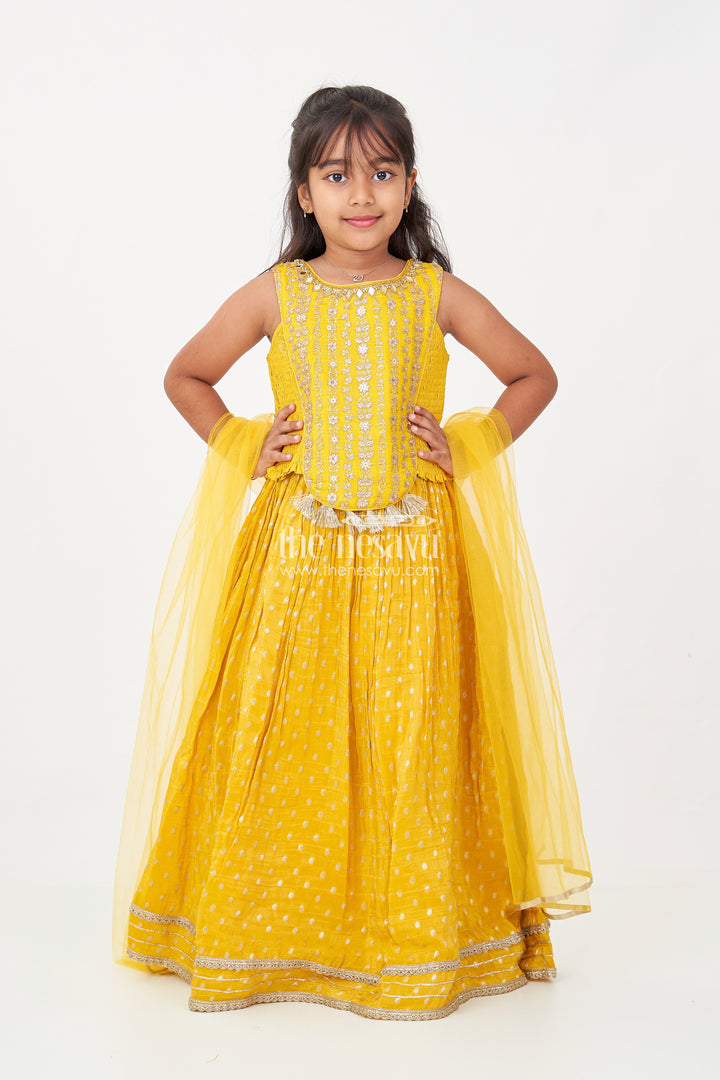 Girls Silk Lehenga Dress in Golden Yellow with Designer Embroidery and Dupatta