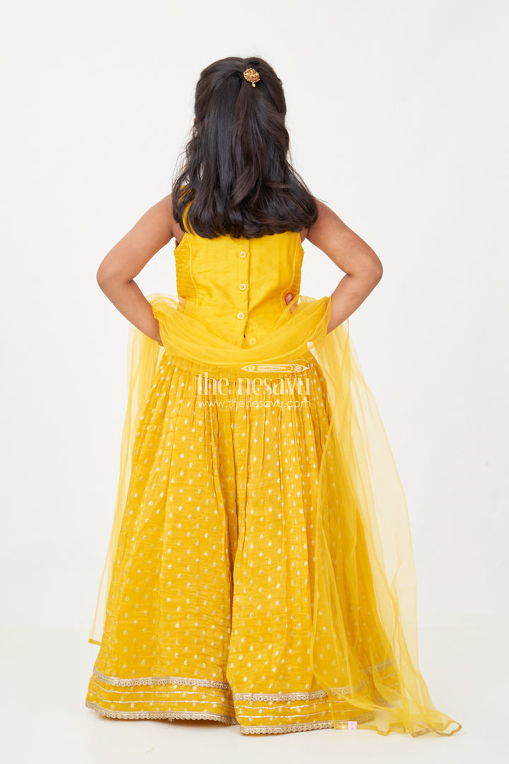 Girls Silk Lehenga Dress in Golden Yellow with Designer Embroidery and Dupatta