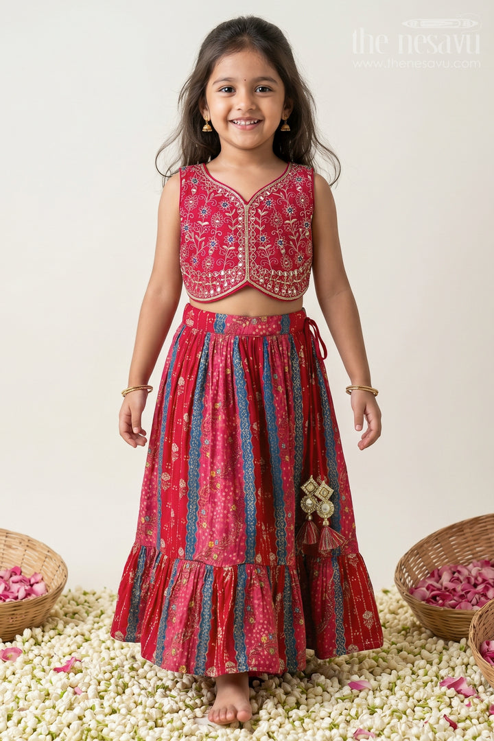 Dark Pink Lehenga for Girls in Pure Viscose Silk with Designer Embroidered Yoke and Tassel Dupatta