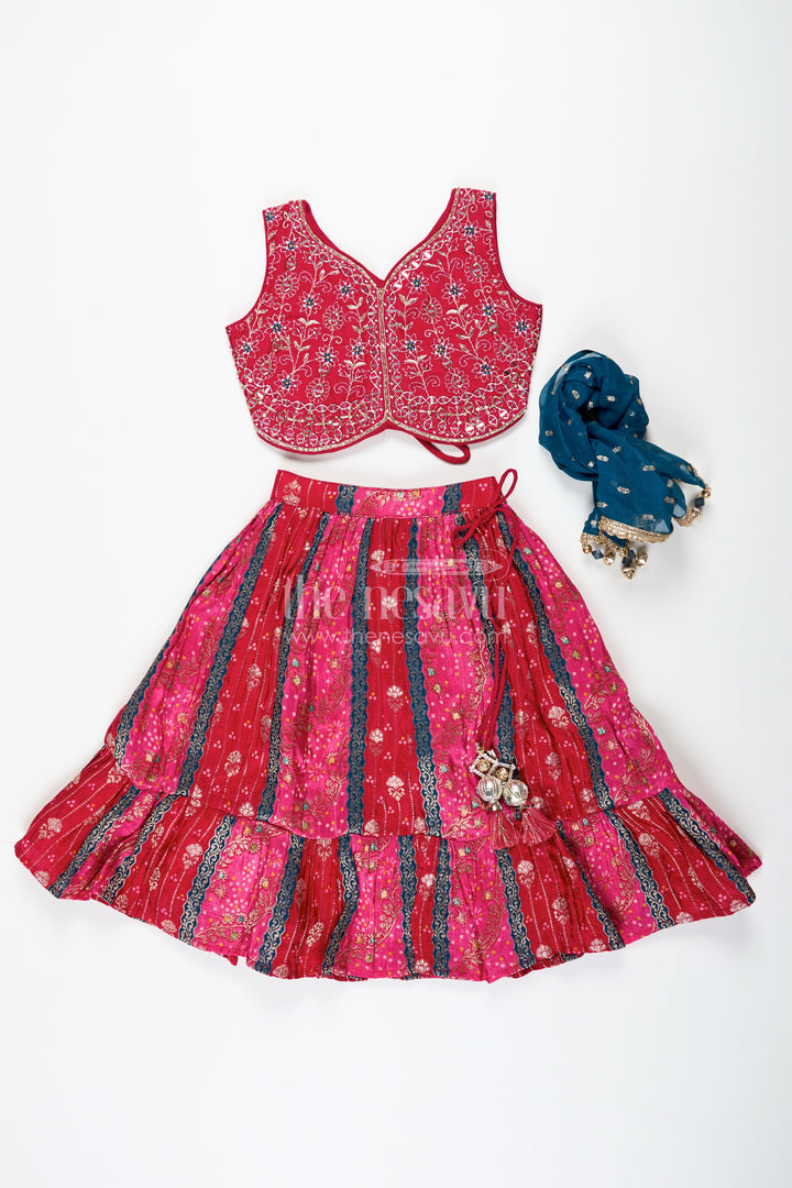 Dark Pink Lehenga for Girls in Pure Viscose Silk with Designer Embroidered Yoke and Tassel Dupatta