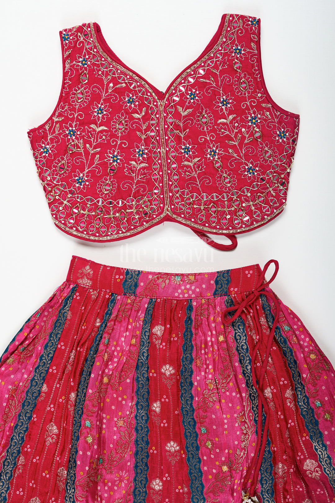 Dark Pink Lehenga for Girls in Pure Viscose Silk with Designer Embroidered Yoke and Tassel Dupatta