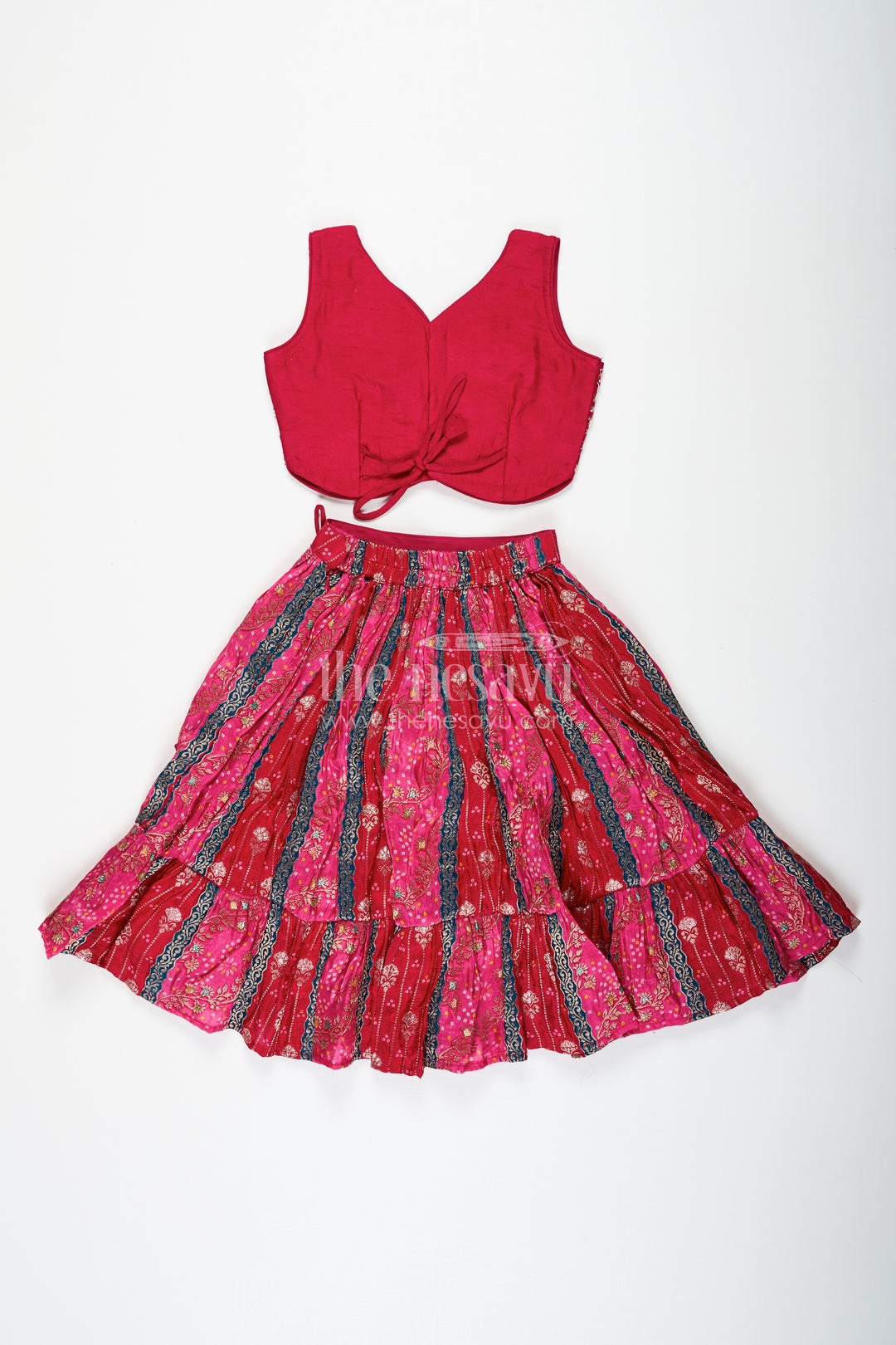 Dark Pink Lehenga for Girls in Pure Viscose Silk with Designer Embroidered Yoke and Tassel Dupatta
