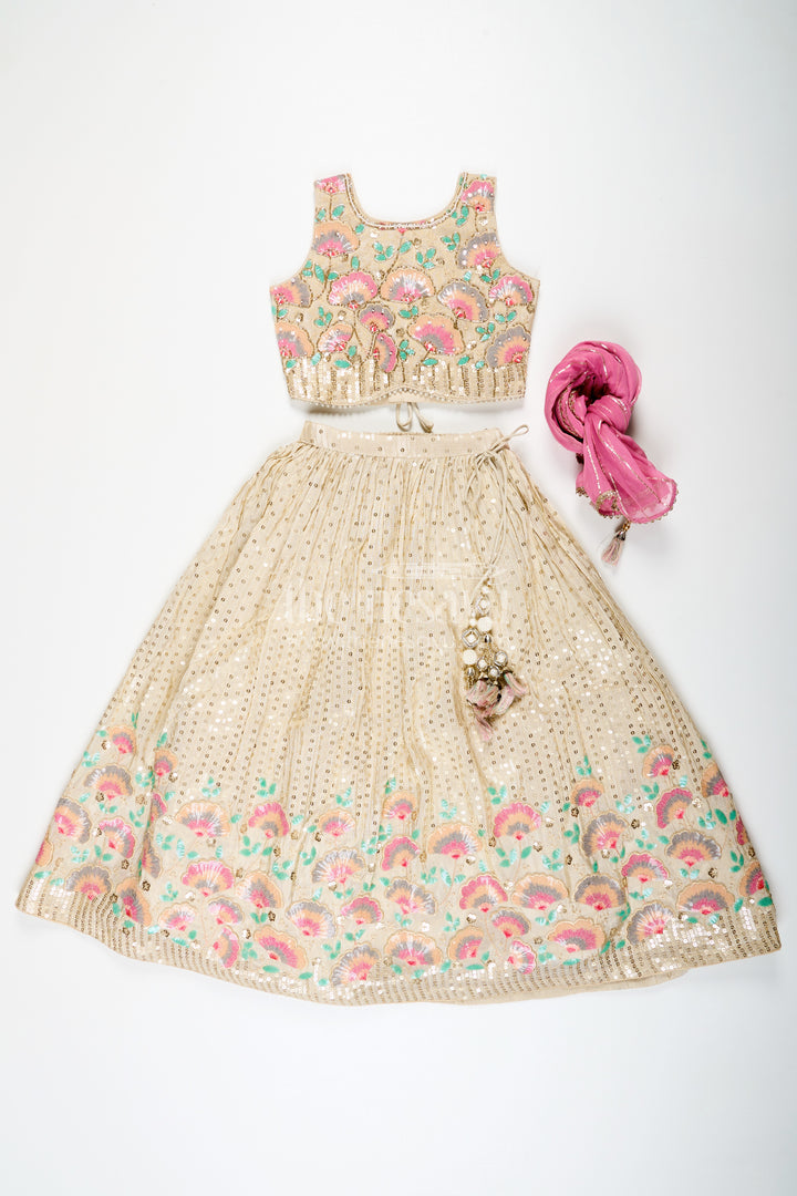 Girls cream color lehenga in Banarasi Kora Tissue Silk with Embroidered Blouse and Pink Dupatta