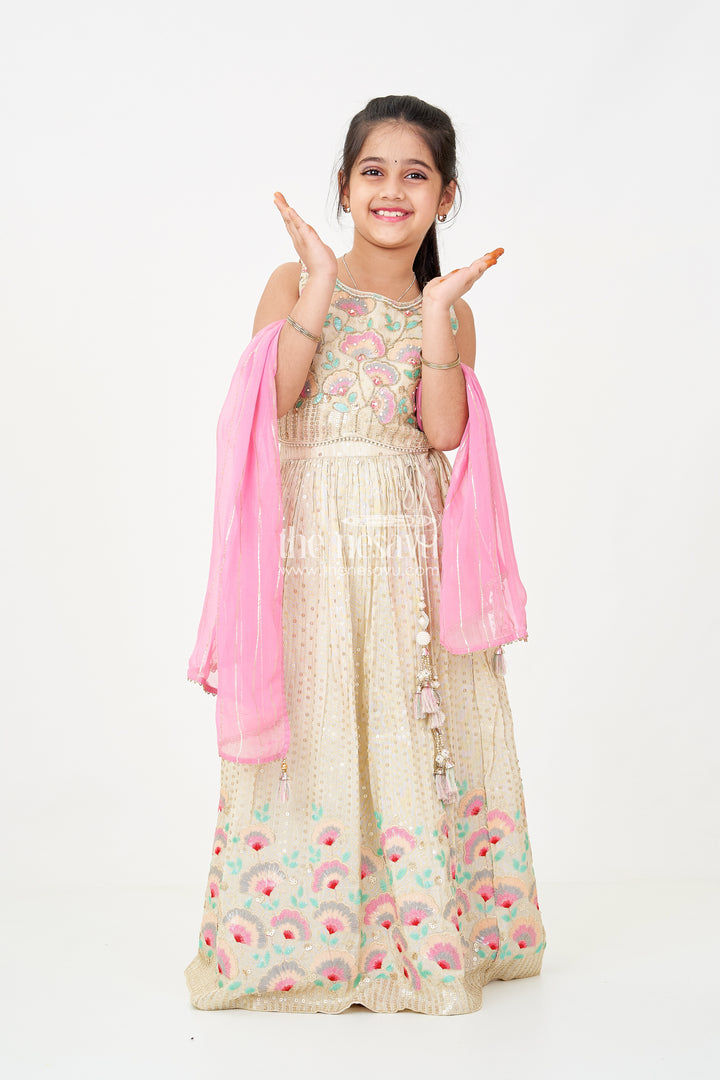 Girls cream color lehenga in Banarasi Kora Tissue Silk with Embroidered Blouse and Pink Dupatta