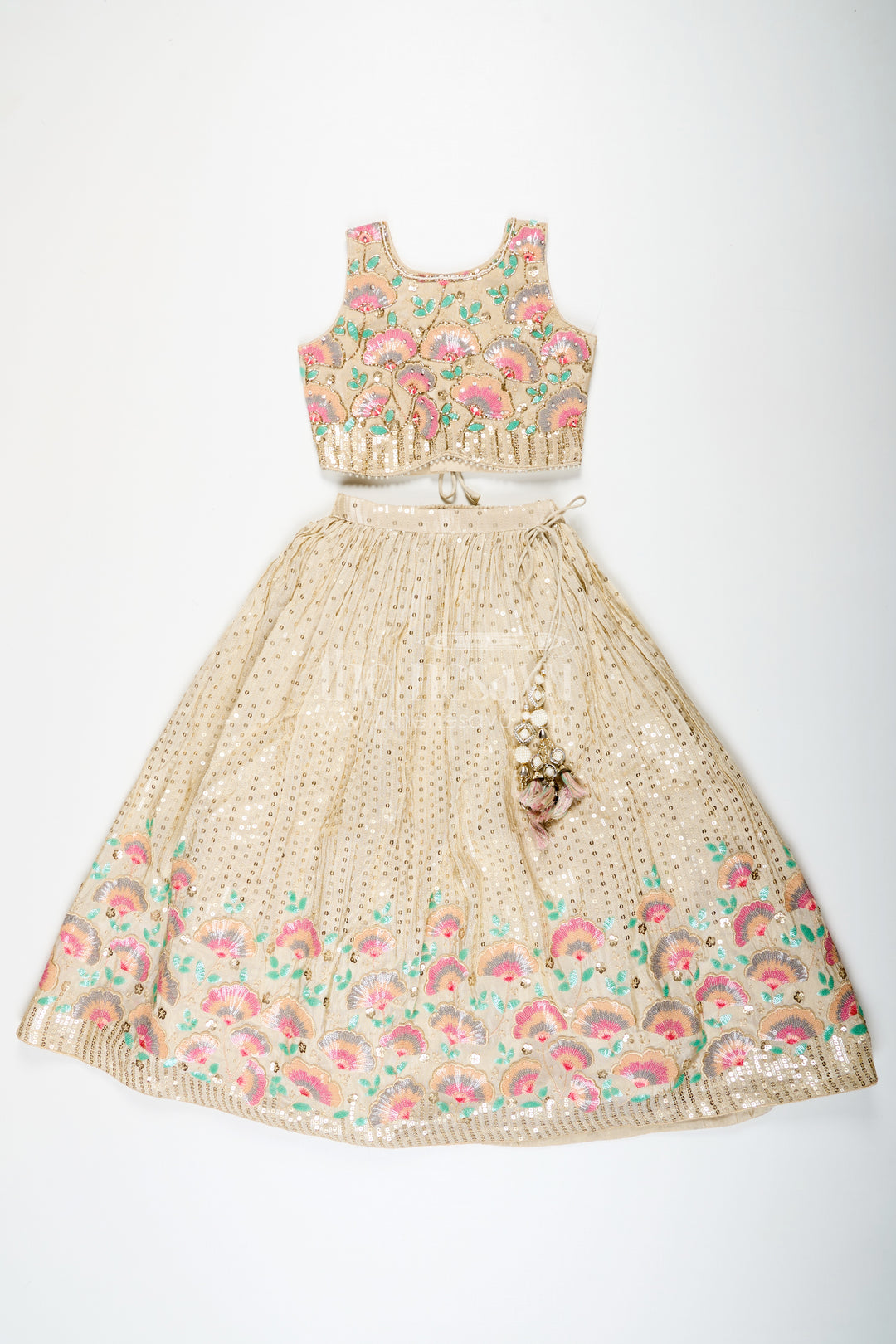 Girls cream color lehenga in Banarasi Kora Tissue Silk with Embroidered Blouse and Pink Dupatta