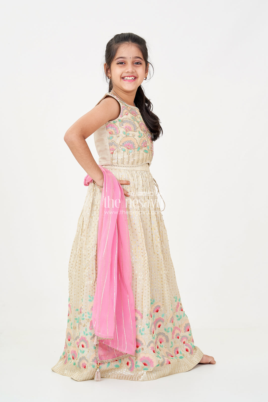 Girls cream color lehenga in Banarasi Kora Tissue Silk with Embroidered Blouse and Pink Dupatta