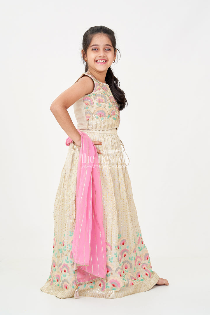 Girls cream color lehenga in Banarasi Kora Tissue Silk with Embroidered Blouse and Pink Dupatta