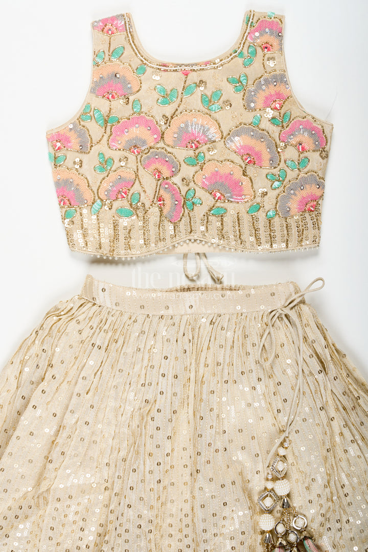 Girls cream color lehenga in Banarasi Kora Tissue Silk with Embroidered Blouse and Pink Dupatta