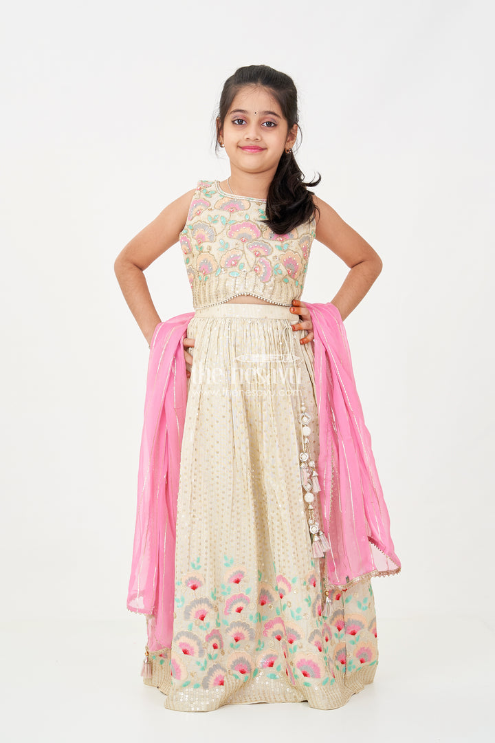 Girls cream color lehenga in Banarasi Kora Tissue Silk with Embroidered Blouse and Pink Dupatta
