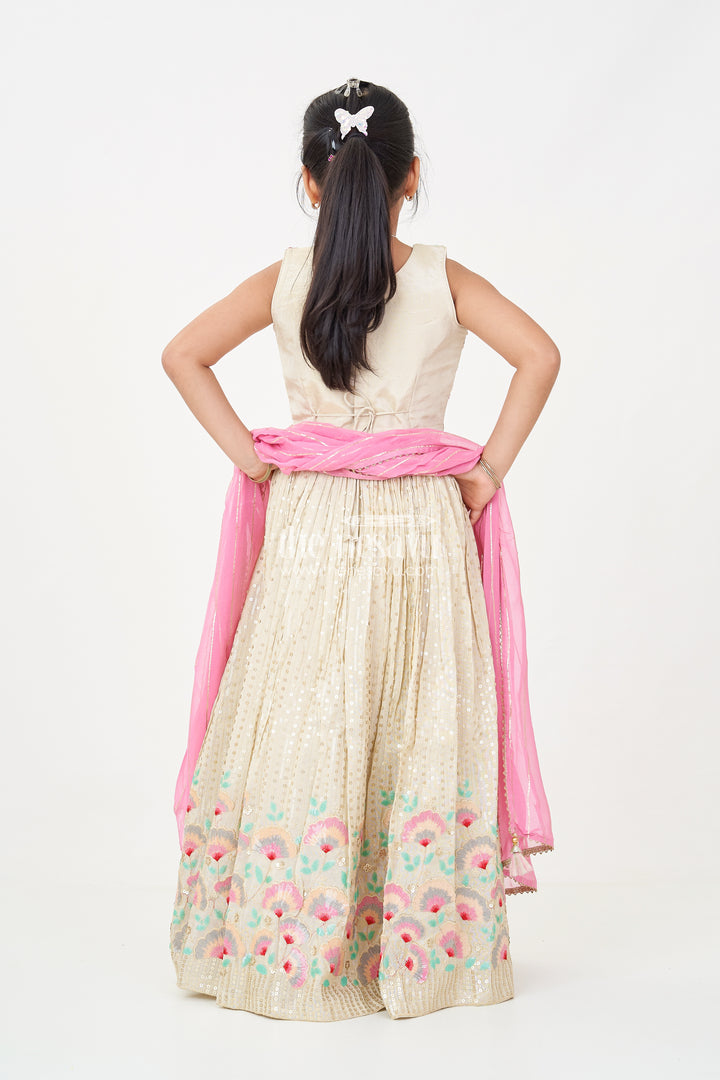 Girls cream color lehenga in Banarasi Kora Tissue Silk with Embroidered Blouse and Pink Dupatta