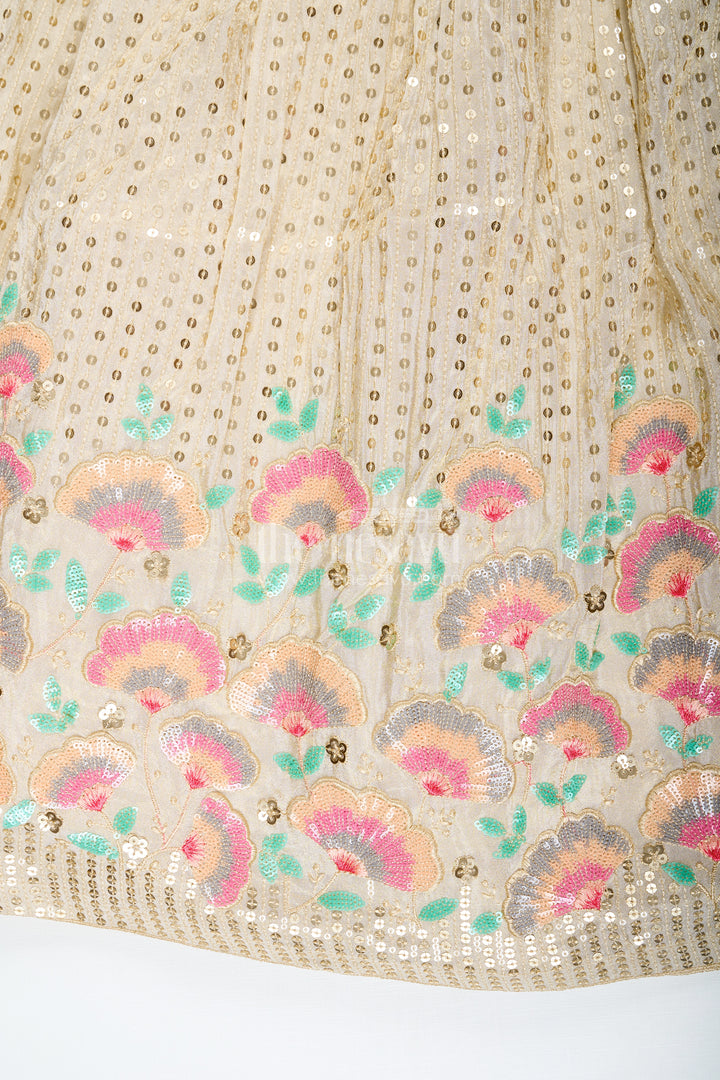Girls cream color lehenga in Banarasi Kora Tissue Silk with Embroidered Blouse and Pink Dupatta