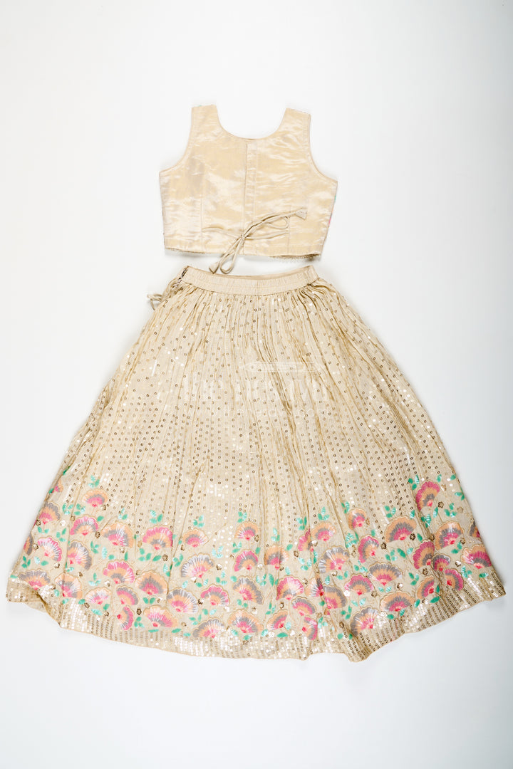 Girls cream color lehenga in Banarasi Kora Tissue Silk with Embroidered Blouse and Pink Dupatta