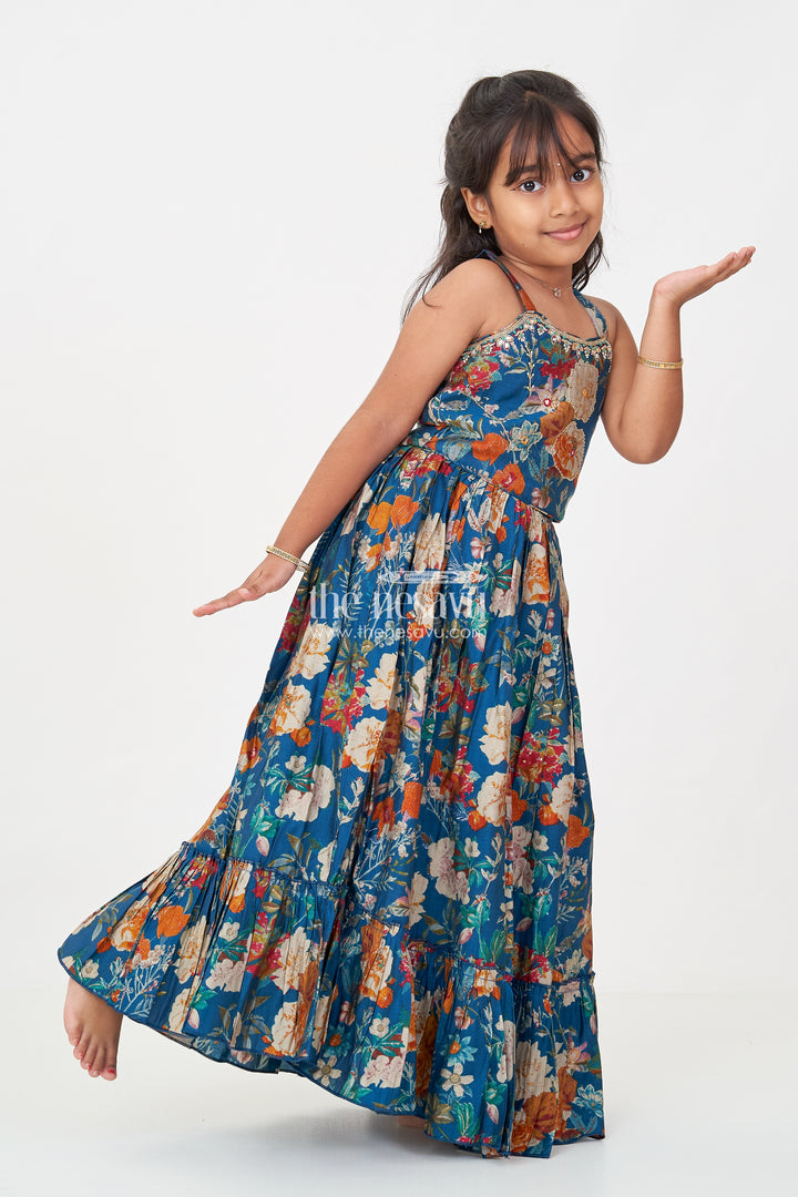Girls blue lehenga set in Floral Digital Print Georgette with Tassel Detail and Matching Dupatta